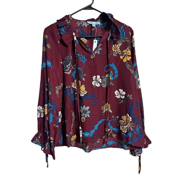 She + Sky Tops - She and Sky Maroon Floral Tie Sleeve Blouse Size Small NWT Boho Office Wear